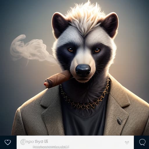  anthro, honey badger, solo, male, adult, smoking a cigar, realistic fur, centered in a white circular background, hyper realism, RAW photo, (realism, photorealistic:1.3), detailed, hi res hyperrealistic, full body, detailed clothing, highly detailed, cinematic lighting, stunningly beautiful, intricate, sharp focus, f/1. 8, 85mm, (centered image composition), (professionally color graded), ((bright soft diffused light)), volumetric fog, trending on instagram, trending on tumblr, HDR 4K, 8K