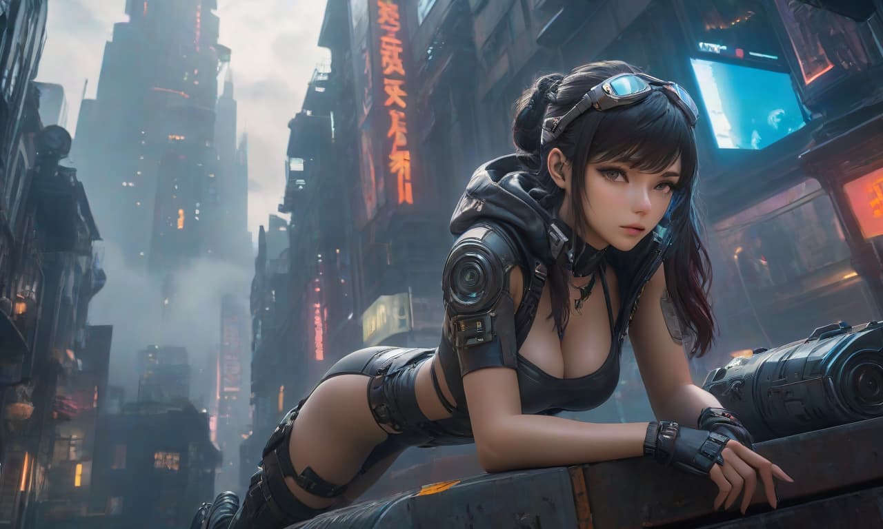  The beautiful gazes upward, lying in a pose, against a backdrop of a cyberpunk city., oil painting hyperrealistic, full body, detailed clothing, highly detailed, cinematic lighting, stunningly beautiful, intricate, sharp focus, f/1. 8, 85mm, (centered image composition), (professionally color graded), ((bright soft diffused light)), volumetric fog, trending on instagram, trending on tumblr, HDR 4K, 8K