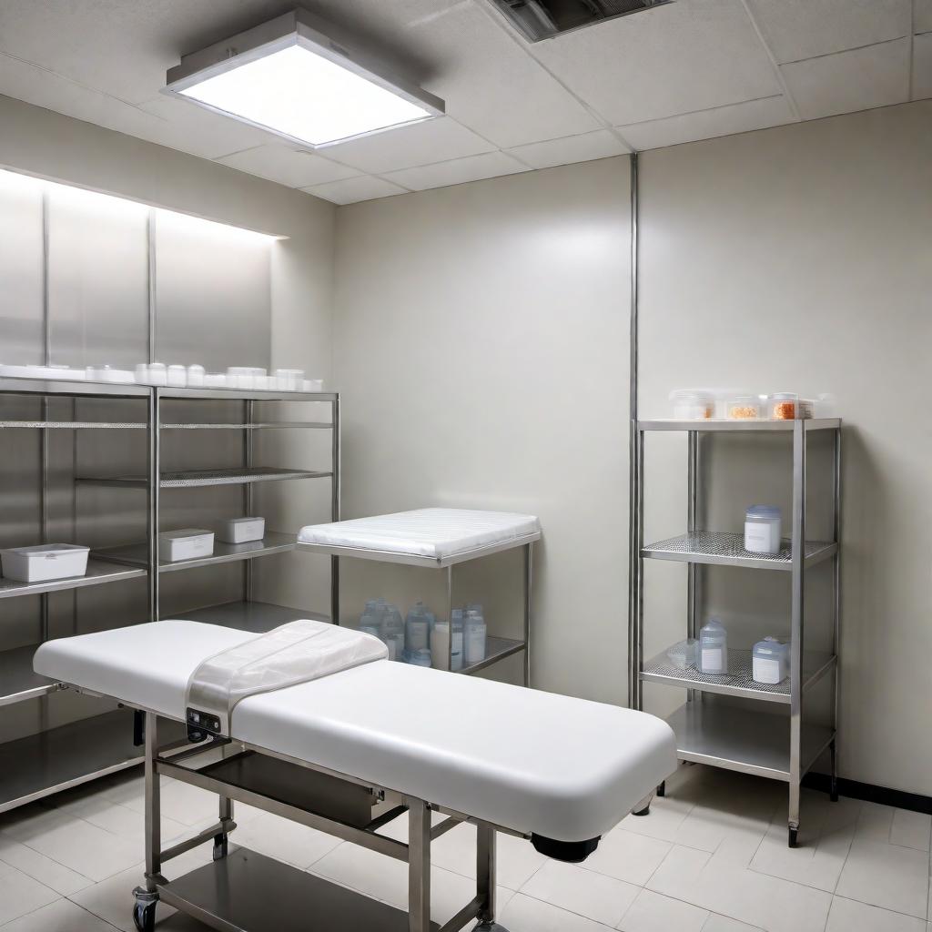  The interior of a small, low-budget mortuary room. The space is modest and practical, with just the essentials. A simple mortuary table sits in the center, surrounded by plain, functional equipment. The walls are sparsely decorated, maybe with only white paint or chipped tiles. Basic shelving units contain necessary mortuary supplies. There's a stainless steel refrigerator unit for storing bodies along one wall. The lighting is basic and functional, providing sufficient illumination. The overall atmosphere is utilitarian and unadorned, reflecting budget limitations. hyperrealistic, full body, detailed clothing, highly detailed, cinematic lighting, stunningly beautiful, intricate, sharp focus, f/1. 8, 85mm, (centered image composition), (professionally color graded), ((bright soft diffused light)), volumetric fog, trending on instagram, trending on tumblr, HDR 4K, 8K