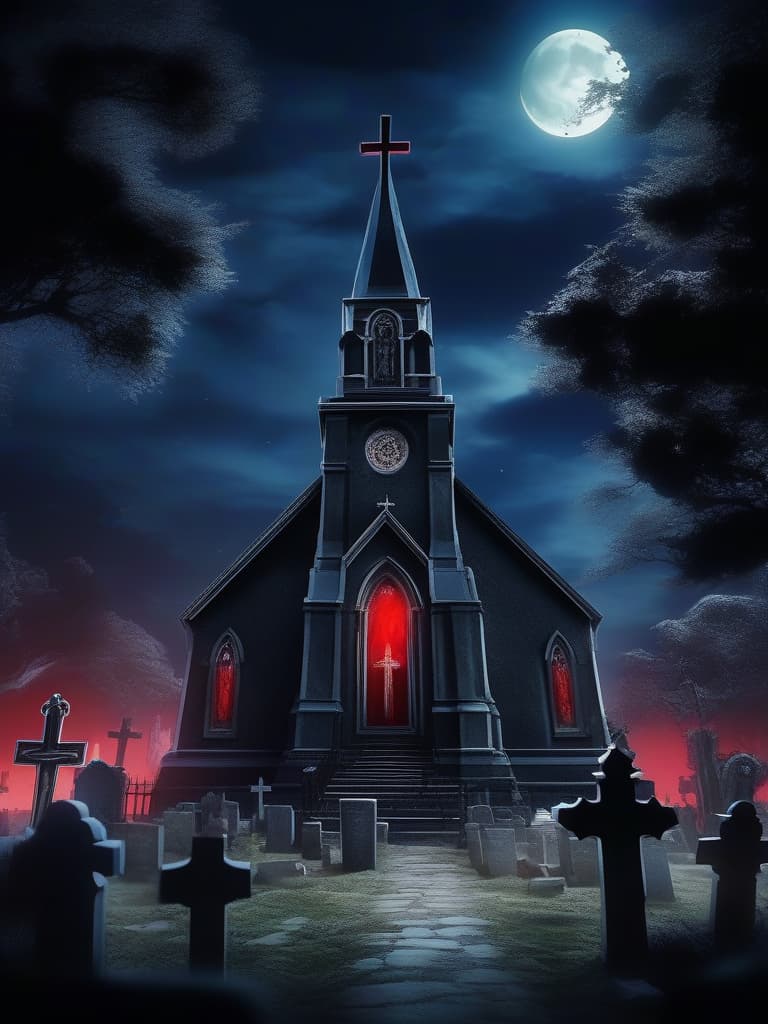  masterpiece best quality anime style 4k((zombie ghost church ghost coffin the cross horror cemetery))(red moon with dark night Sky))(test of courage)no human, masterpiece, best quality,8k,ultra detailed,high resolution,an extremely delicate and beautiful,hyper detail