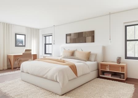  Bed Room, Peaceful, cozy, relaxation, sleep, comfort The room depicted in the image exhibits a minimalist and contemporary living room theme, emphasizing clean lines and neutral tones. Contemporary minimalist living room with a white sectional sofa, wooden accent chairs, geometric rug, and large leaf artwork. minimalist, contemporary, living room, white sectional sofa, wooden accent chairs, geometric rug, large leaf artwork