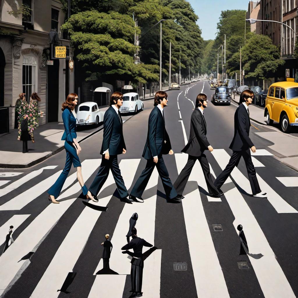  An image of the famous Abbey Road crosswalk featuring the silhouettes of The Beatles in their iconic walking pose. Below the crosswalk, the letters L E I L A should be prominently displayed. The silhouettes should be easily recognizable and the background should accurately depict the Abbey Road setting. hyperrealistic, full body, detailed clothing, highly detailed, cinematic lighting, stunningly beautiful, intricate, sharp focus, f/1. 8, 85mm, (centered image composition), (professionally color graded), ((bright soft diffused light)), volumetric fog, trending on instagram, trending on tumblr, HDR 4K, 8K