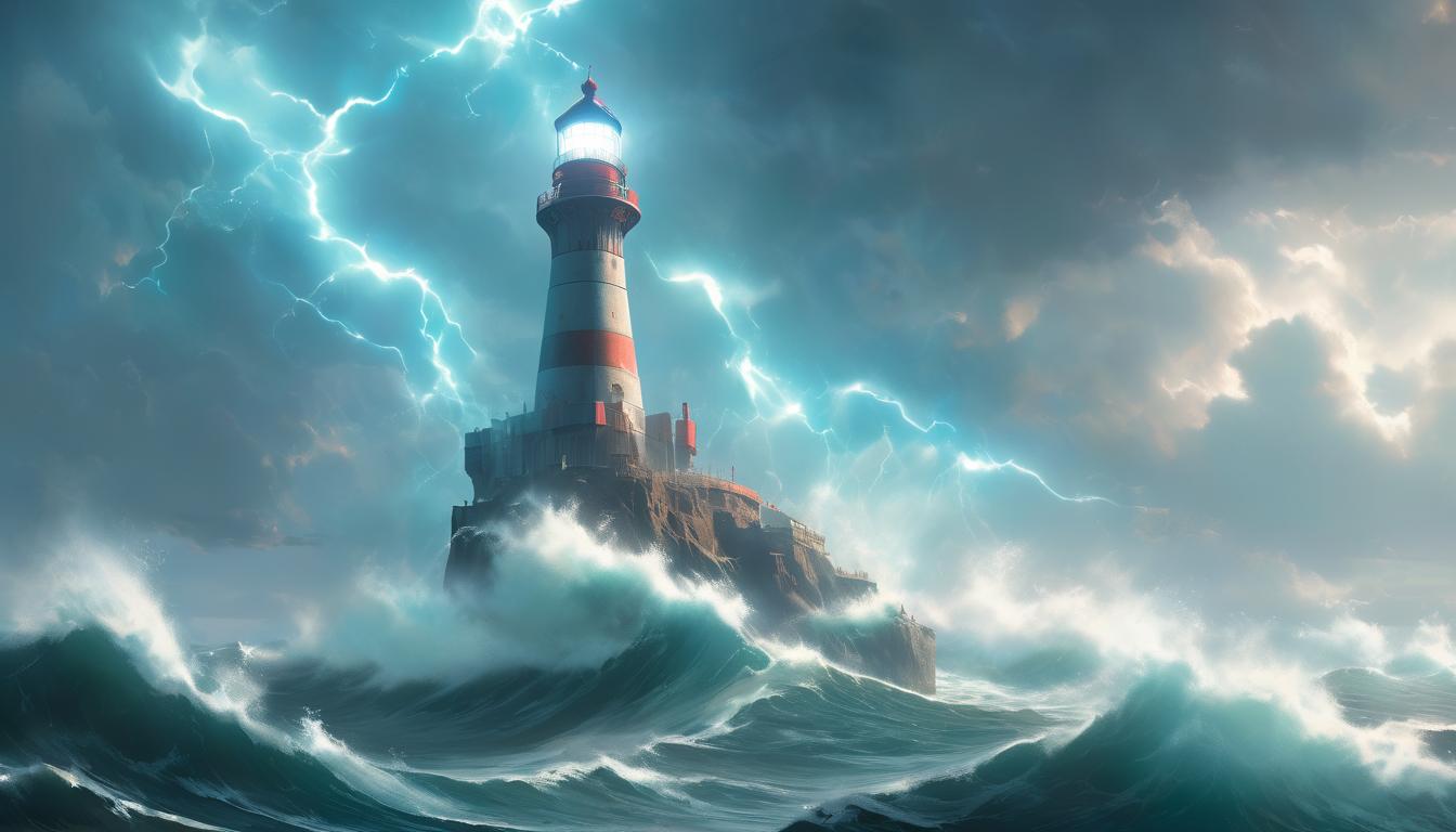  hyperrealism,fantasy aestheticA tall lighthouse, casting a bright beam across a stormy sea, guiding ships, standing tall in truth, beacon., high tech clothing clad in sleek, futuristic costume with metallic accents and form fitting designs, marvel superhero comics style, unreal engine rendering