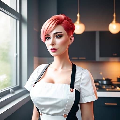  a closeup portrait of a playful maid, undercut hair, apron, amazing body, pronounced feminine feature, boobs showing, kitchen, [ash blonde | ginger | pink hair], freckles, flirting with camera hyperrealistic, full body, detailed clothing, highly detailed, cinematic lighting, stunningly beautiful, intricate, sharp focus, f/1. 8, 85mm, (centered image composition), (professionally color graded), ((bright soft diffused light)), volumetric fog, trending on instagram, trending on tumblr, HDR 4K, 8K