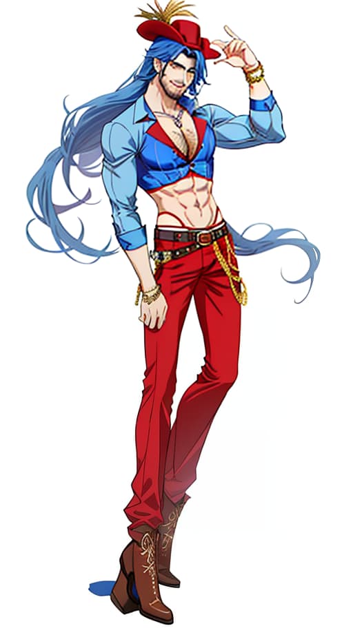  The Italian has a charming and charismatic personality, with a mischievous smile. His appearance combines the characteristics of a cowboy and a circus performer. He has long blue hair and a lean build with well defined muscles. He wears a blue top and red palazzo pants, and his clothes are full of details such as clasps and buckles. The style is in the anime semi realism genre., (intricate details:0.9), (hdr, hyperdetailed:1.2) hyperrealistic, full body, detailed clothing, highly detailed, cinematic lighting, stunningly beautiful, intricate, sharp focus, f/1. 8, 85mm, (centered image composition), (professionally color graded), ((bright soft diffused light)), volumetric fog, trending on instagram, trending on tumblr, HDR 4K, 8K