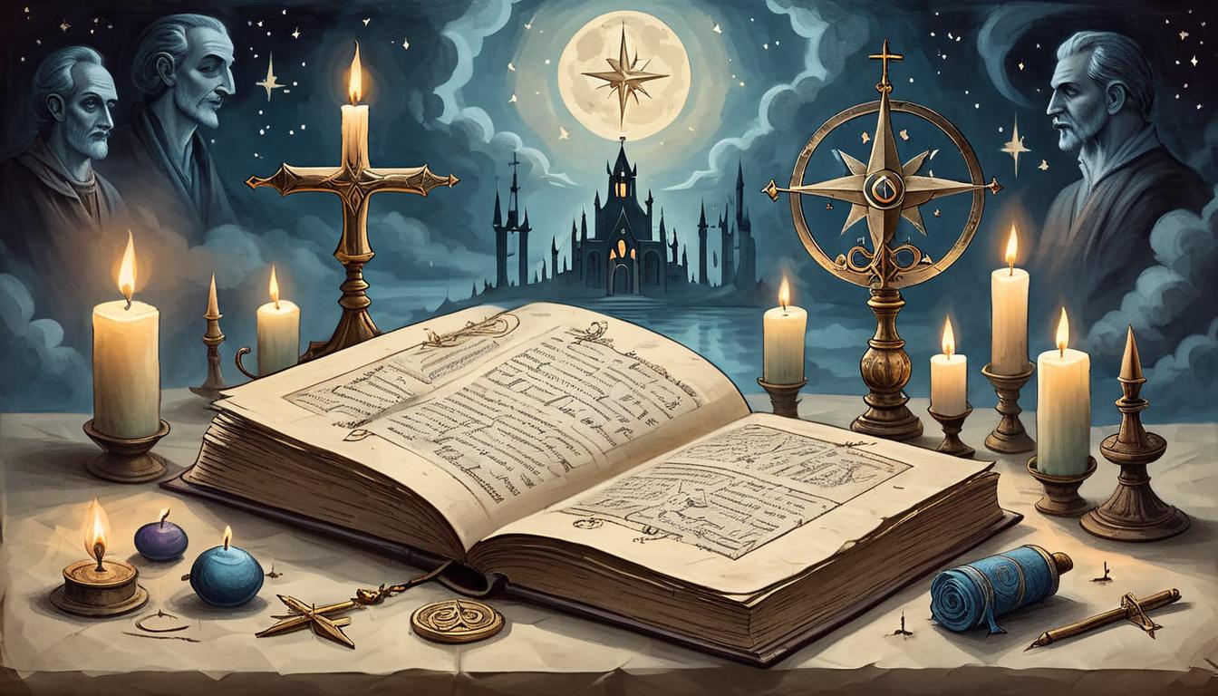  on parchment, surrealism+++, Book with shimmering pages, floating above an altar, surrounded by candles, symbols of ethics and knowledge, twilight, air of reverence(mysterious, provocative, symbolic,muted color)+++