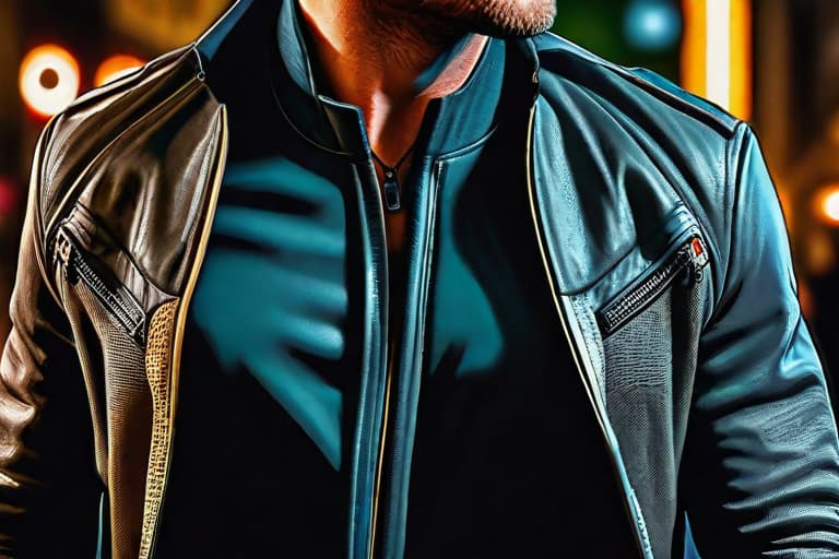  "Closeup of a stylish, well groomed man wearing a trendy, discounted leather jacket, standing against a minimalist, blurred urban background. The jacket's texture and details are sharply focused, highlighting its quality and design. The lighting is natural, with a slight golden hour glow to add warmth and appeal. The mood is modern and sophisticated, with high quality, realistic details. Style modifiers: ultra realistic, high definition, cinematic lighting, professional photography. Quality modifiers: 8k resolution, photorealistic, depth of field, sharp focus on the jacket."Ensure no face,leg,hand or eye defomities.Ensure all images are clear, detailed, contains no text and no deformities. realistic, highly detailed, photorealistic, cinemat hyperrealistic, full body, detailed clothing, highly detailed, cinematic lighting, stunningly beautiful, intricate, sharp focus, f/1. 8, 85mm, (centered image composition), (professionally color graded), ((bright soft diffused light)), volumetric fog, trending on instagram, trending on tumblr, HDR 4K, 8K