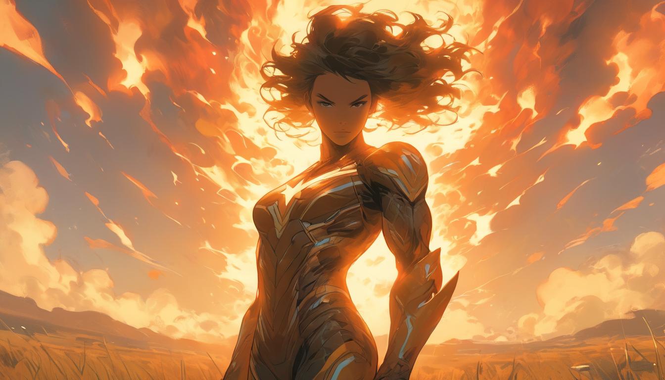  hyperrealism,fantasy aesthetic1woman, large busted attractive brunette arian female humanoid, standing alone in a vast open field, surrounded by a glowing aura, symbolizing energetic independence, sunlight filtering through the clouds, high tech clothing clad in sleek, futuristic costume with metallic accents and form fitting designs, marvel superhero comics style, unreal engine rendering