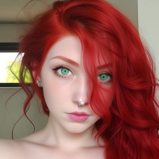  Dyed red hair wavy with green eyes and a nose piercing Funny