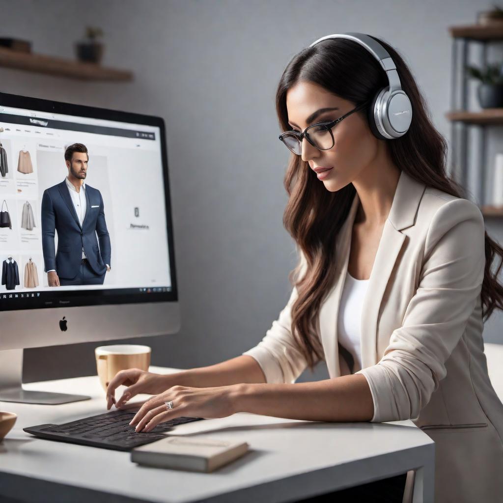  A person sitting at a computer, opening an e-commerce website to start a dropshipping business. The image should show various online store platforms like Shopify on the screen. Include elements such as a shopping cart icon, product listings, and a supplier list. The setting should look like a home office with a desk, computer, and some notes pinned on a board. hyperrealistic, full body, detailed clothing, highly detailed, cinematic lighting, stunningly beautiful, intricate, sharp focus, f/1. 8, 85mm, (centered image composition), (professionally color graded), ((bright soft diffused light)), volumetric fog, trending on instagram, trending on tumblr, HDR 4K, 8K