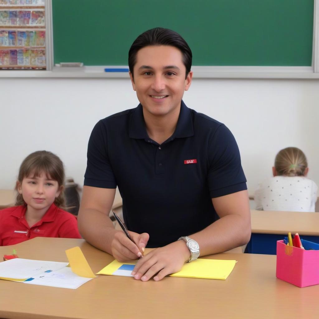  A man sits at school, in grade 1 with children at the desk