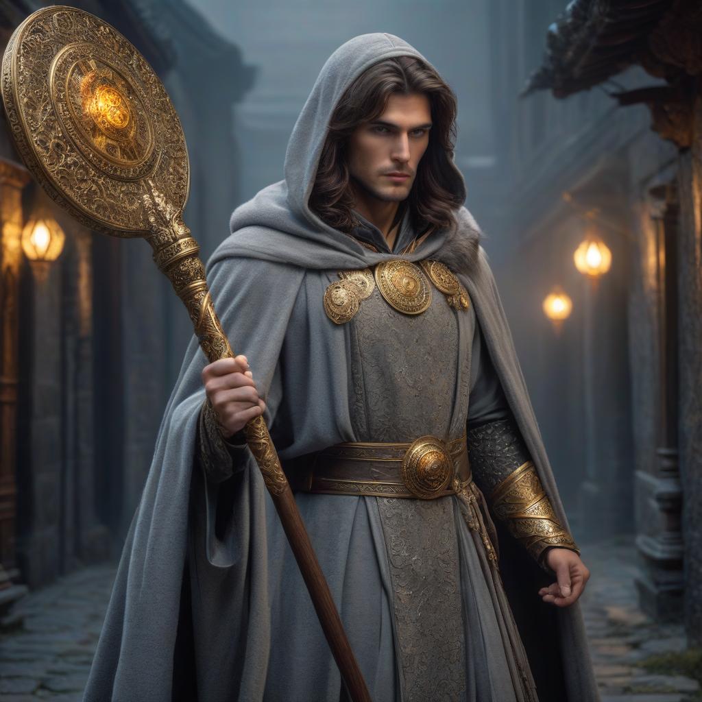  A young spotted disciple of the god, in a gray cloak with golden eyes and a staff. Translated from Russian to English. hyperrealistic, full body, detailed clothing, highly detailed, cinematic lighting, stunningly beautiful, intricate, sharp focus, f/1. 8, 85mm, (centered image composition), (professionally color graded), ((bright soft diffused light)), volumetric fog, trending on instagram, trending on tumblr, HDR 4K, 8K