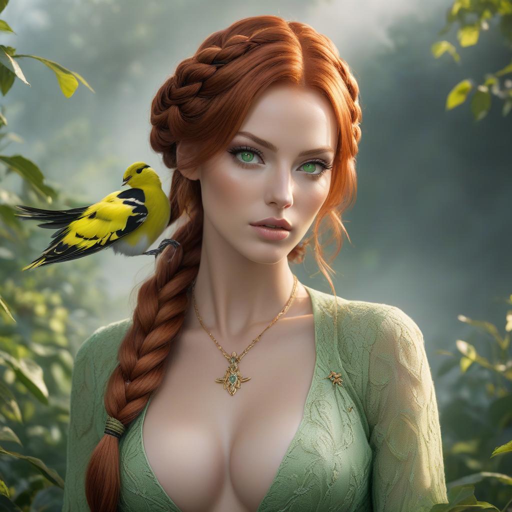  Digital artwork of a woman with striking green eyes and auburn braided hair, over a textured background. gorgeous redhead model with green eyes, goldfinch flying, smooth and realistic portrait, smooth and intricate, high definition, realistic, clear and detailed eyes, hi res, photorealistic, Nikon Z9, 85mm F1.2, DOF, smooth and realistic hyperrealistic, full body, detailed clothing, highly detailed, cinematic lighting, stunningly beautiful, intricate, sharp focus, f/1. 8, 85mm, (centered image composition), (professionally color graded), ((bright soft diffused light)), volumetric fog, trending on instagram, trending on tumblr, HDR 4K, 8K