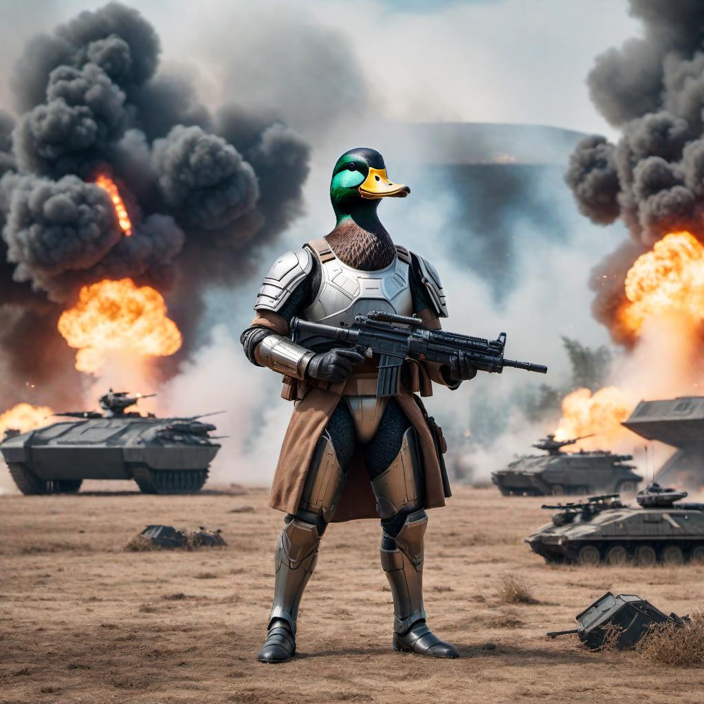  A creative and unique image of a war duck with futuristic armor, wielding a laser sword, standing on a battlefield with explosions in the background. hyperrealistic, full body, detailed clothing, highly detailed, cinematic lighting, stunningly beautiful, intricate, sharp focus, f/1. 8, 85mm, (centered image composition), (professionally color graded), ((bright soft diffused light)), volumetric fog, trending on instagram, trending on tumblr, HDR 4K, 8K