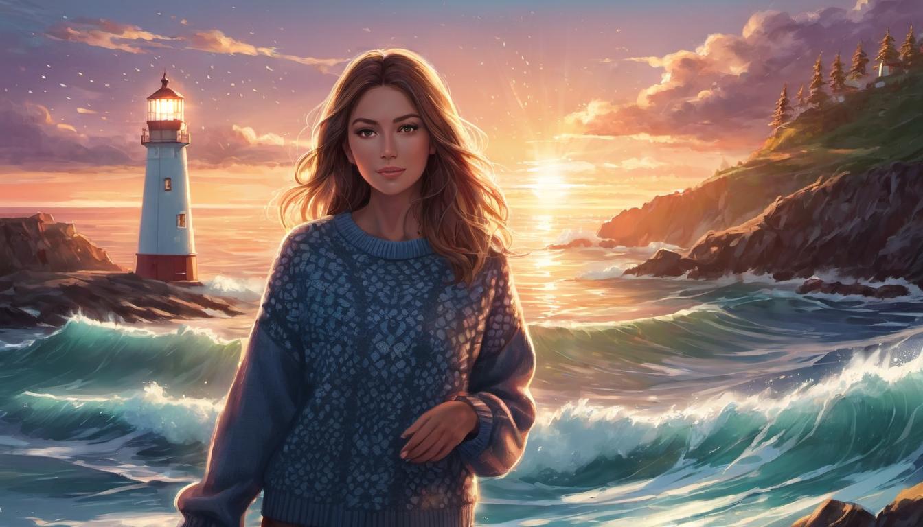  digital illustration, 1woman, standing under a lighthouse beam, beacon light highlighting her, ocean waves breaking subtly in background, woman dressed in cozy sweater, hopeful gaze, guiding light, attraction, warmth, looking at viewer, dynamic pose, (intricate details, masterpiece, best quality)