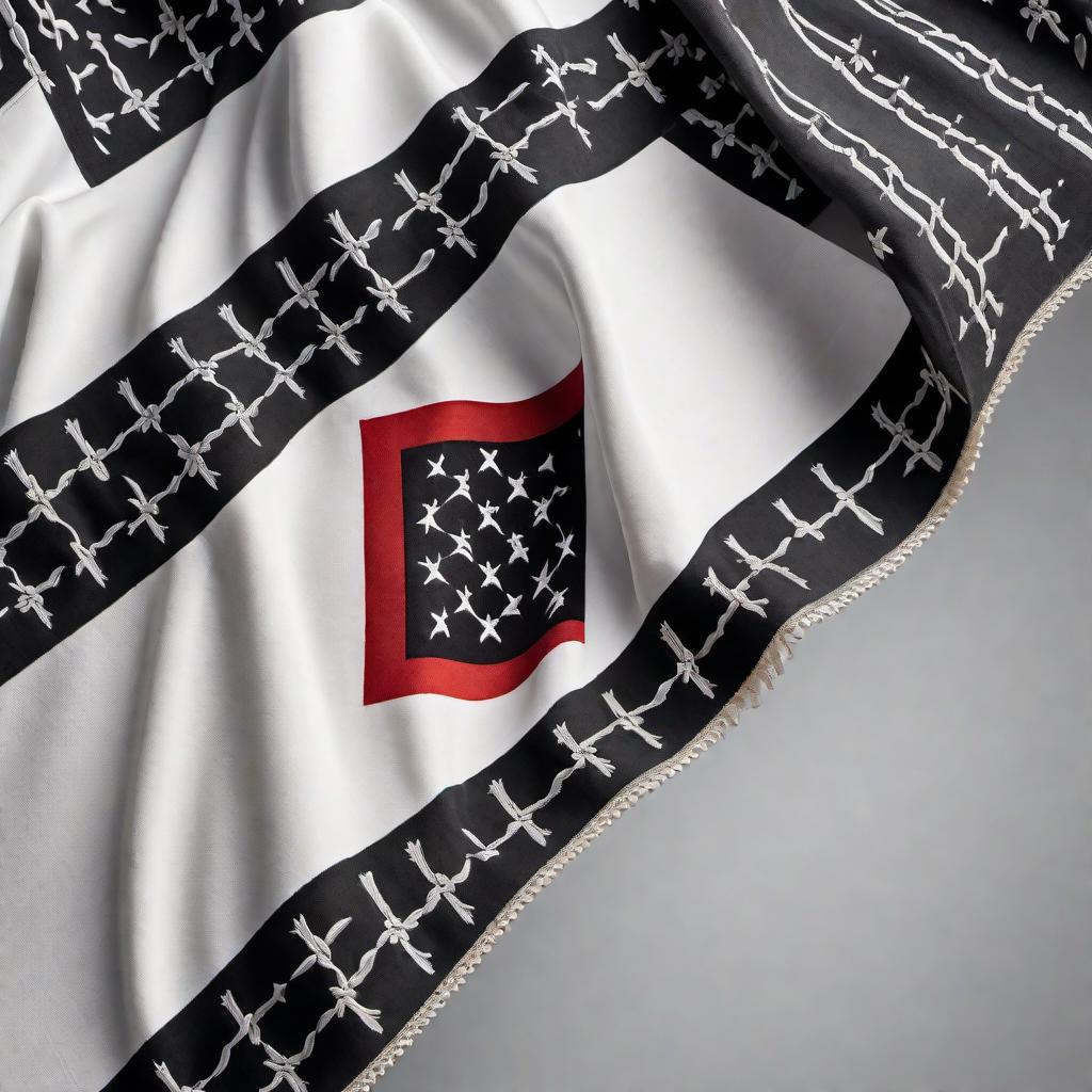  An illustration of a flag made out of Keffiyeh material. The flag should feature the traditional black-and-white patterns of the Keffiyeh while emphasizing its cultural significance and symbolism of resistance and unity. The flag should appear dynamic, as if waving majestically, evoking strong feelings of strength, heritage, pride, and solidarity. hyperrealistic, full body, detailed clothing, highly detailed, cinematic lighting, stunningly beautiful, intricate, sharp focus, f/1. 8, 85mm, (centered image composition), (professionally color graded), ((bright soft diffused light)), volumetric fog, trending on instagram, trending on tumblr, HDR 4K, 8K