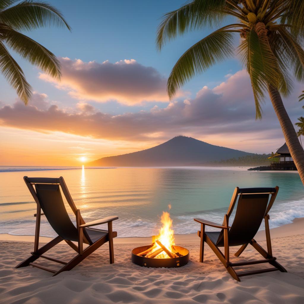  A serene beach scene in Bali during sunset, with soft golden sands, gentle waves, palm trees swaying slightly in the breeze, a cozy bonfire in the foreground with two beach chairs facing it, and daisies scattered around the beach. The words 'Dreams do come true if you believe' are elegantly written in the sky in soft, flowing script. hyperrealistic, full body, detailed clothing, highly detailed, cinematic lighting, stunningly beautiful, intricate, sharp focus, f/1. 8, 85mm, (centered image composition), (professionally color graded), ((bright soft diffused light)), volumetric fog, trending on instagram, trending on tumblr, HDR 4K, 8K