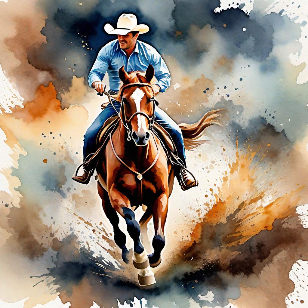  Create a watercolor painting of a man ridding a bucking horse at a rodeo. The background features soft, watercolor style splashes in earthy tones, giving the image an artistic and dreamy feel. Ensure the overall image has a delicate watercolor effect.