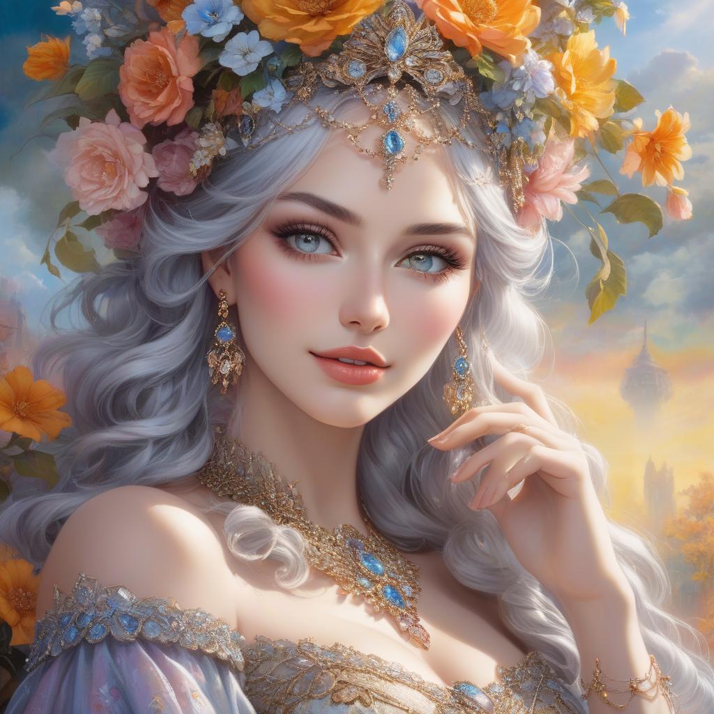  gothic style A portrait of a woman with a flower crown and bejeweled accessories against a soft, colorful background. Watercolor in the style of Josephine Wall, Tomasz Allen Kopera, Dariusz Zawadzki, Andreja Peklar, Ivan Shiskine,Create an image of a young woman with a radiant and cheerful expression. Her skin is smooth with a fair complexion. She has large, captivating eyes with a gentle gaze and well defined eyebrows. Her full lips curve into a warm, inviting smile that enhances her approachable aura. Her hair is voluminous and flows in luxurious, well defined waves, cascading around her face and shoulders. The hair color is a soft, monochromatic hue that harmonizes with the colour tone of the image, giving an overall classical and timele hyperrealistic, full body, detailed clothing, highly detailed, cinematic lighting, stunningly beautiful, intricate, sharp focus, f/1. 8, 85mm, (centered image composition), (professionally color graded), ((bright soft diffused light)), volumetric fog, trending on instagram, trending on tumblr, HDR 4K, 8K