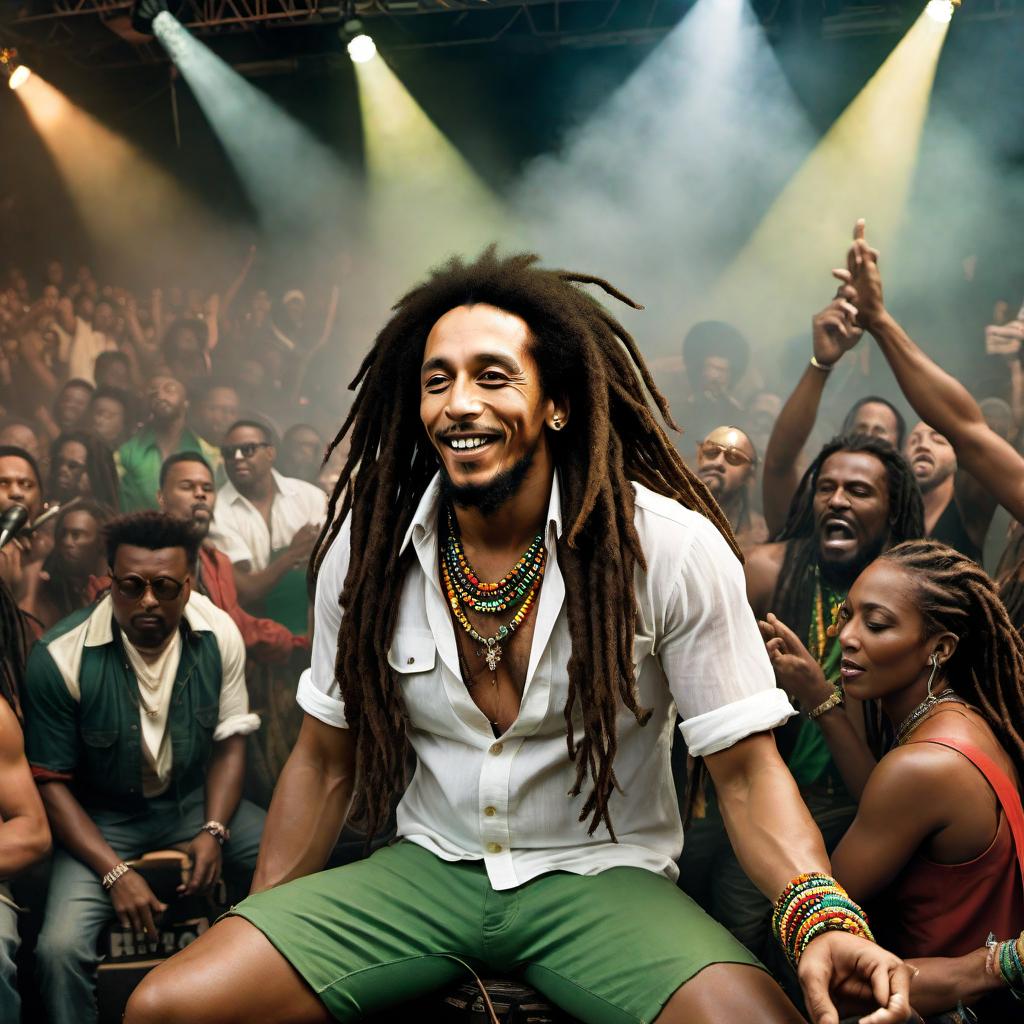  Reggae scene featuring Bob Marley, UB40, The Wailers, and Sean Paul. Focus on Bob Marley with his iconic dreadlocks, sitting with a guitar, and singing into a microphone, holding a joint in his hand and smoking it, surrounded by a cloud of smoke. UB40 members are performing with their instruments, and The Wailers are also playing behind Bob Marley. Sean Paul is engaging with the crowd, adding his unique style to the mix. The background is adorned with colorful reggae-themed decor and lighting, enhancing the lively and relaxed atmosphere. hyperrealistic, full body, detailed clothing, highly detailed, cinematic lighting, stunningly beautiful, intricate, sharp focus, f/1. 8, 85mm, (centered image composition), (professionally color graded), ((bright soft diffused light)), volumetric fog, trending on instagram, trending on tumblr, HDR 4K, 8K