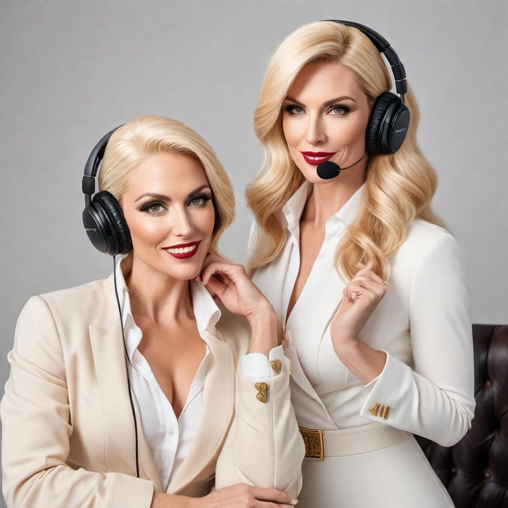  Create a cartoon-style podcast cover featuring two distinct white women in their late 30s with blonde hair. The women should look fancy and high-achieving, with one woman holding an espresso martini, and both appearing to be having fun in a stylish room set up for podcasting. The women should have clearly different cartoonish appearances, with distinguishing features and hairstyles. The title 'Plotting Greatness' should be prominently displayed, ensuring the cover is an attention-grabber and conveys success. Include elements of a podcast setup like microphones and headphones. Use warm and inviting colors like gold, white, and soft pastels to give it a royal and refined touch. Make the design look eye-catching and professional to help it sta hyperrealistic, full body, detailed clothing, highly detailed, cinematic lighting, stunningly beautiful, intricate, sharp focus, f/1. 8, 85mm, (centered image composition), (professionally color graded), ((bright soft diffused light)), volumetric fog, trending on instagram, trending on tumblr, HDR 4K, 8K