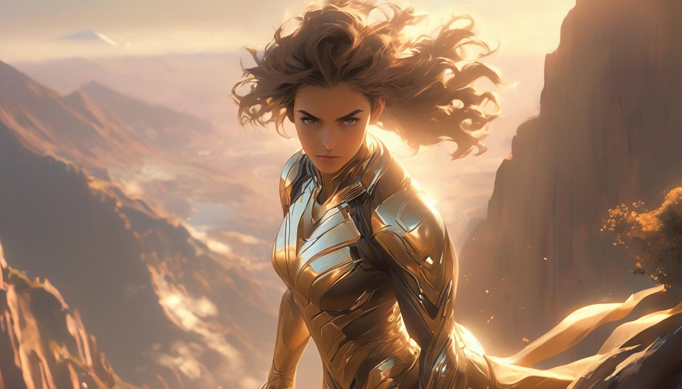  hyperrealism,fantasy aesthetic1woman, large busted attractive brunette arian female humanoid, serene expression, standing on a mountain peak, sunset in the background, golden rays, breeze swirling, sense of freedom, high tech clothing clad in sleek, futuristic costume with metallic accents and form fitting designs, marvel superhero comics style, unreal engine rendering