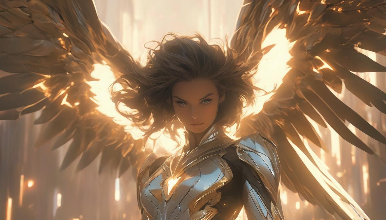  hyperrealism,fantasy aesthetic1woman, large busted attractive brunette arian female humanoid, with wings of light, elevated platform, symbolizing love and light, high tech clothing clad in sleek, futuristic costume with metallic accents and form fitting designs, marvel superhero comics style, unreal engine rendering