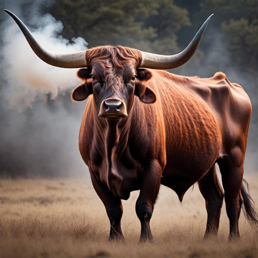  A muscular, fierce Longhorn Bull with its head lowered in an attacking stance for the 'Longhorn Beef Jerky Co.' logo. The bull should have wider and longer horns, red eyes, and a mean, aggressive expression. The colors used should be burnt orange, gray, black, and off-white. The bull should be snorting smoke from its nostrils, conveying intensity and aggression. The overall design should have a rugged, rustic feel to align with the nature of the beef jerky business. hyperrealistic, full body, detailed clothing, highly detailed, cinematic lighting, stunningly beautiful, intricate, sharp focus, f/1. 8, 85mm, (centered image composition), (professionally color graded), ((bright soft diffused light)), volumetric fog, trending on instagram, trending on tumblr, HDR 4K, 8K