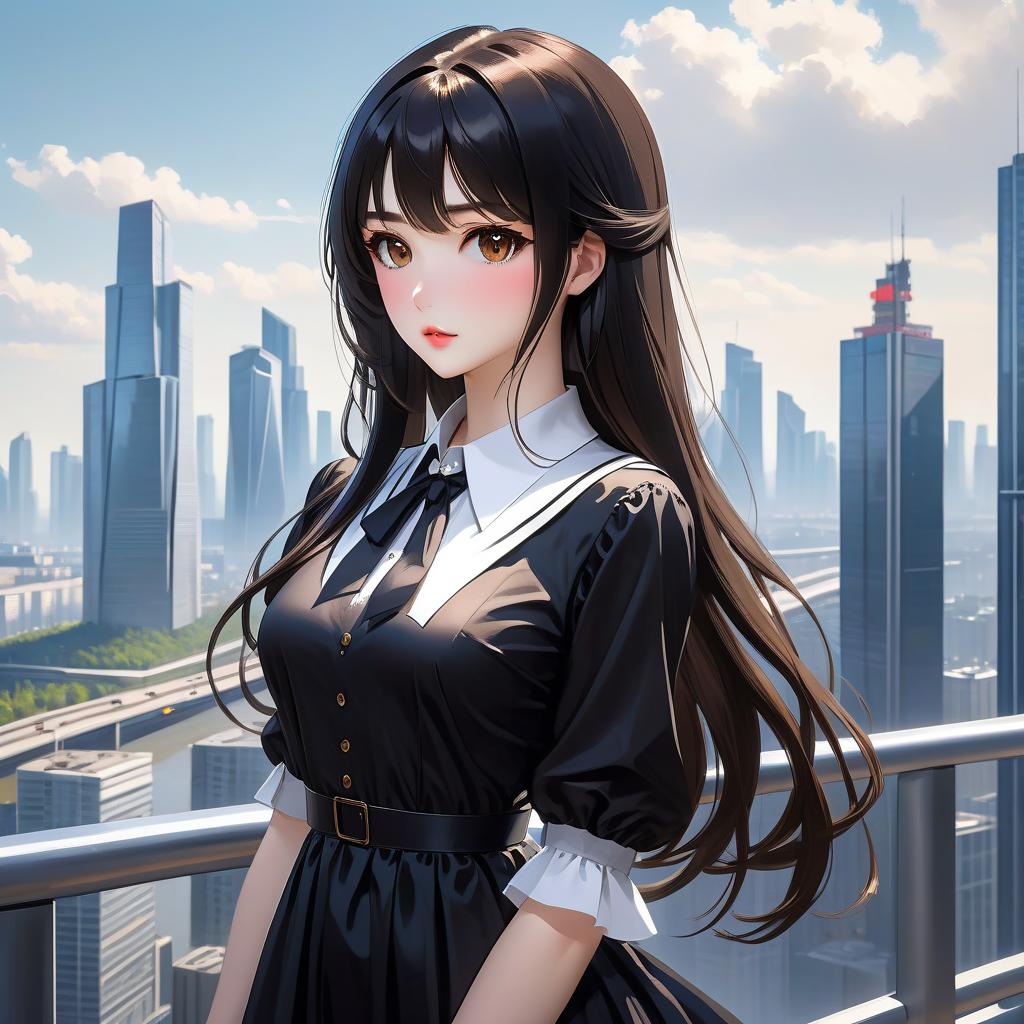  anime artwork beautiful , , white skinned, European, brown eyes, long brown straight hair, slender figure, small neat s, dressed in a black dress with a white collar and white cuffs, full length, against the backdrop of a modern city. Skyscrs of Moscow City (photorealism, oil painting: 1.3), (full length shot: 1.3), charming , long flowing black hair, (large sensual mouth: 1.2), plump lips, sparkling brown eyes , narrow waist, (sensual drawing: 1.2), silvery glow, ethereal aura, detailed brushwork, intricate shadows and highlights, mysterious and captivating expression, unique color palette, masterful use of light and shadow, captivating atmosphere, pure emotion, intense gaze, dynamic composition. small  hyperrealistic, full body, detailed clothing, highly detailed, cinematic lighting, stunningly beautiful, intricate, sharp focus, f/1. 8, 85mm, (centered image composition), (professionally color graded), ((bright soft diffused light)), volumetric fog, trending on instagram, trending on tumblr, HDR 4K, 8K