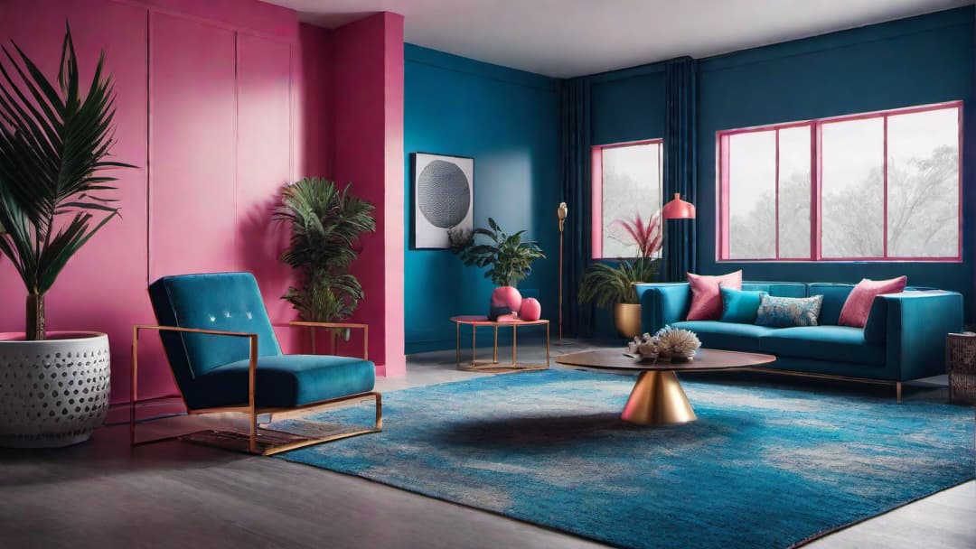  Create an image of an 80s retro living room with vibrant neon pink and electric blue walls. The furniture should have angular shapes and metallic accents, embodying the retro style. Include a funky patterned rug and neon signs for an eclectic and avant garde feel. The overall atmosphere should be lively, energetic, and full of bold colors and geometric patterns. hyperrealistic, full body, detailed clothing, highly detailed, cinematic lighting, stunningly beautiful, intricate, sharp focus, f/1. 8, 85mm, (centered image composition), (professionally color graded), ((bright soft diffused light)), volumetric fog, trending on instagram, trending on tumblr, HDR 4K, 8K