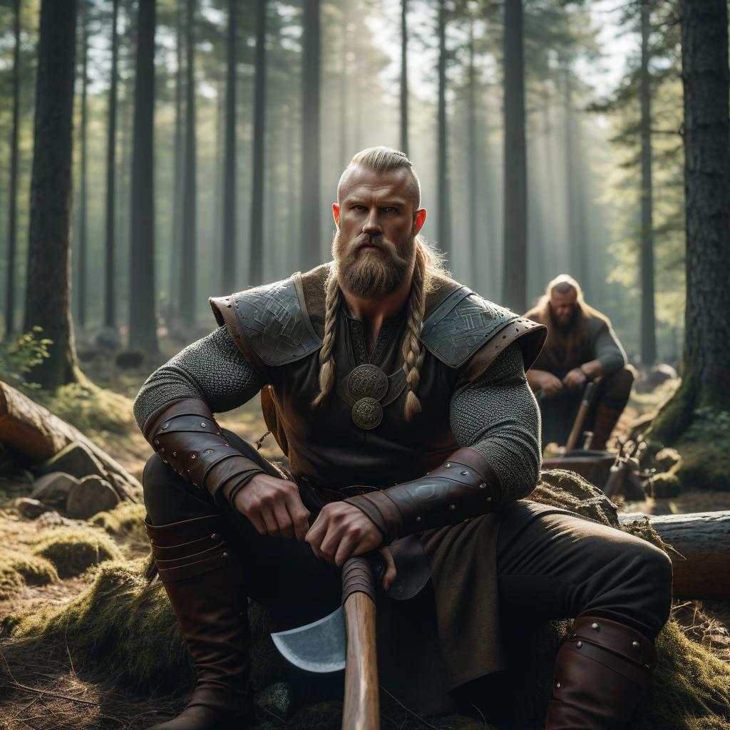  cinematic photo Vikings sit with axes in the forest, the sun shines with a contour light. . 35mm photograph, film, bokeh, professional, 4k, highly detailed hyperrealistic, full body, detailed clothing, highly detailed, cinematic lighting, stunningly beautiful, intricate, sharp focus, f/1. 8, 85mm, (centered image composition), (professionally color graded), ((bright soft diffused light)), volumetric fog, trending on instagram, trending on tumblr, HDR 4K, 8K