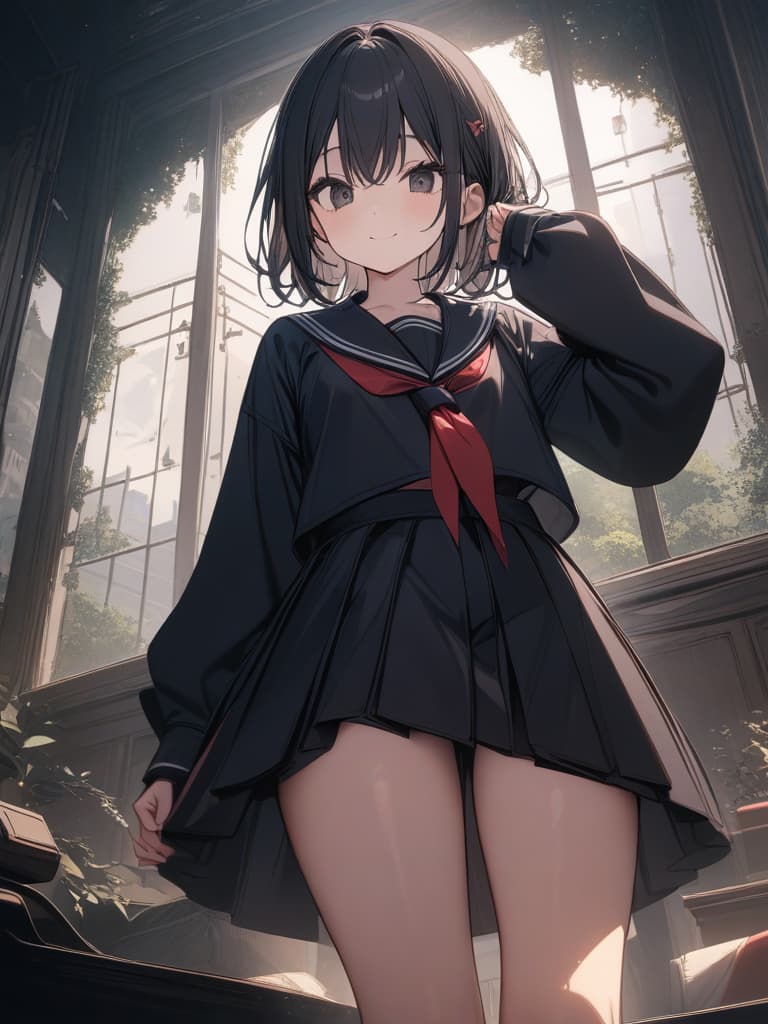  Cute, girl, big eyes, skirts, black clothes, black sailor clothes, shelled, black eyes, smiles, young face, black hair, two ties., masterpiece, best quality,8k,ultra detailed,high resolution,an extremely delicate and beautiful,hyper detail