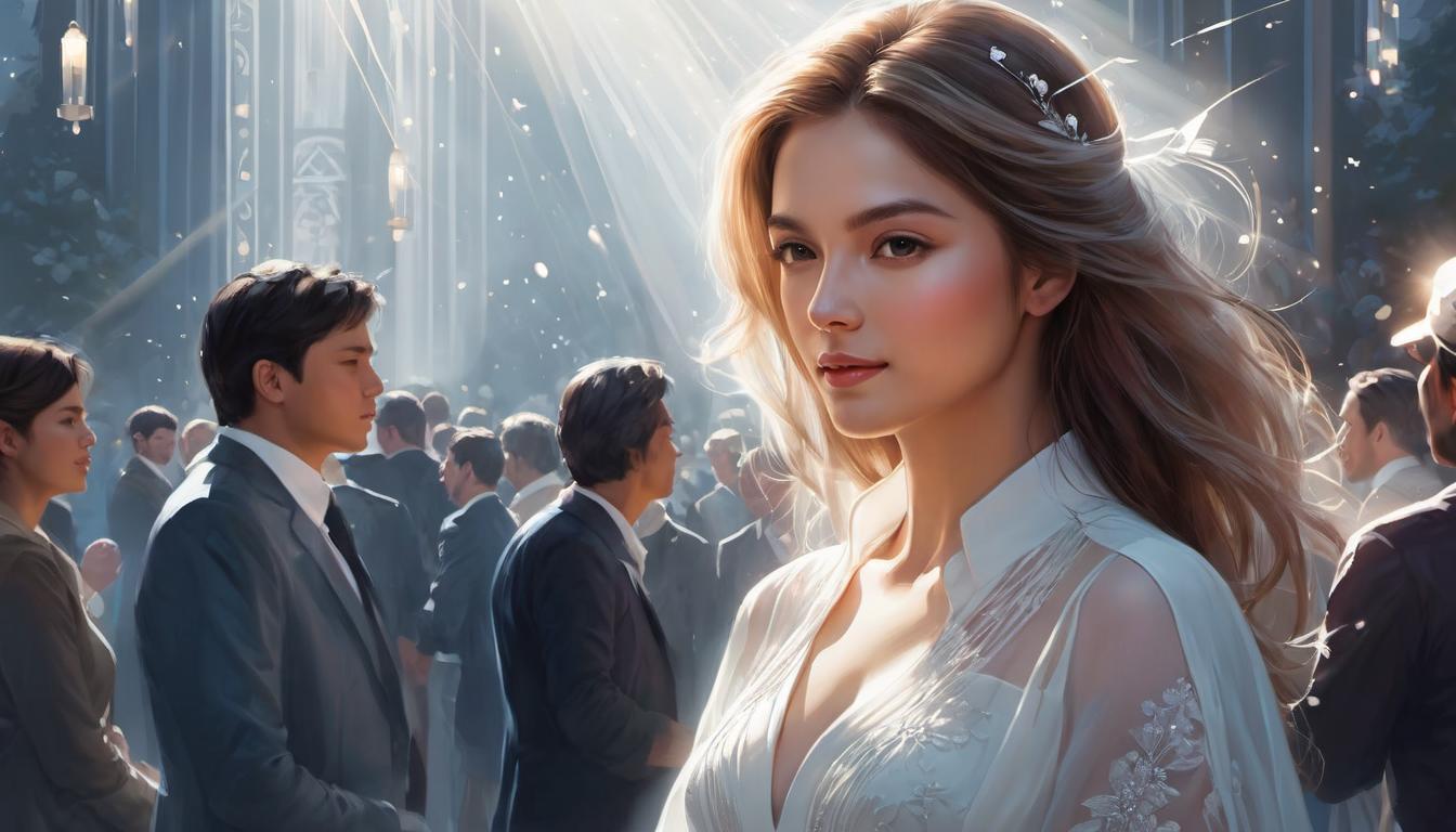  digital illustration, 1woman, with an aura of light around her, people gathering around drawn to her presence, background detailed with soft light effects, interactions, radiant, influential, looking at viewer, dynamic pose, (intricate details, masterpiece, best quality)