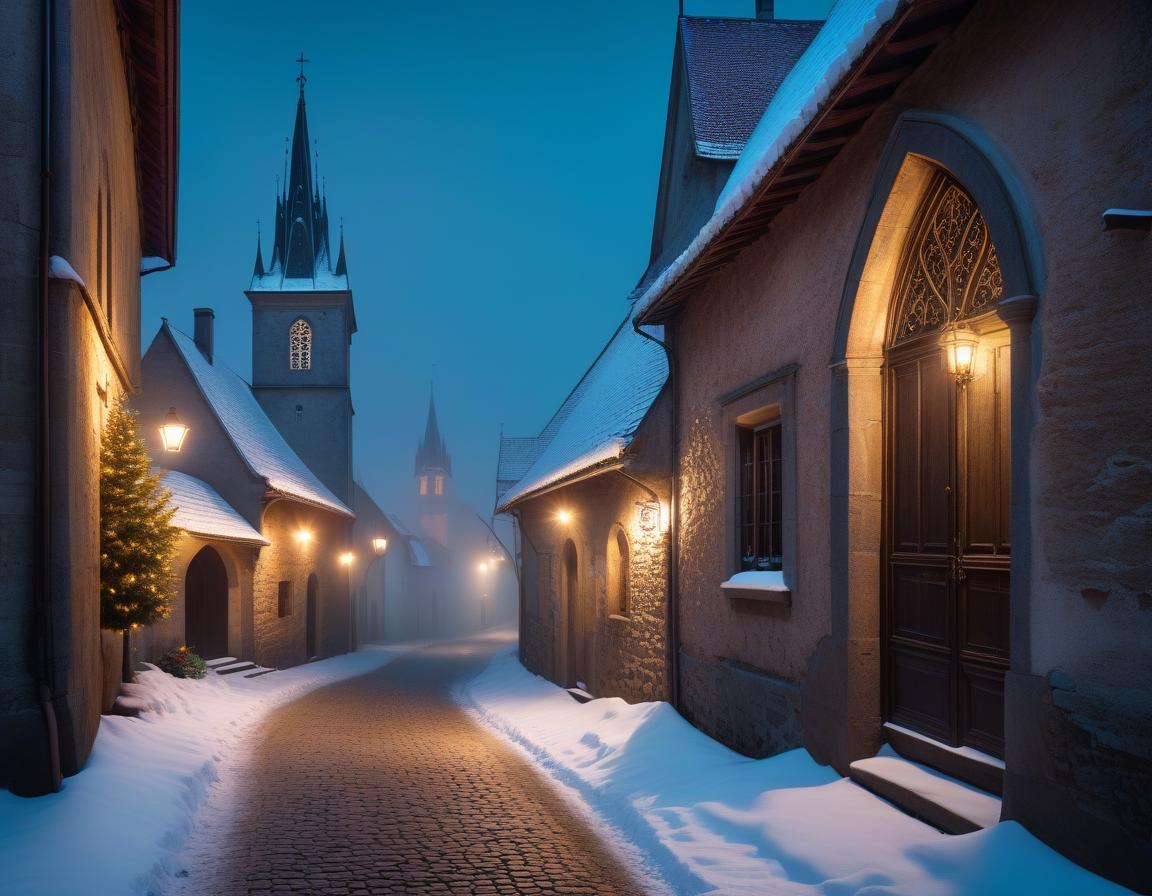  gothic style No people. A small village in the Czech Republic is covered with snow. In the style of Jean Baptiste Monge, old Gothic stone rickety buildings. Christmas Eve. Night, a bright star is burning in the sky. Christmas decorations hang on the doors of buildings and lights shine in the windows. In the distance of the street you can see a stone church. Details. Lots of embellishments and small details, detailed look. soft colors, HDR, 4K . dark, mysterious, haunting, dramatic, ornate, detailed, GLOWNEON, oil painting hyperrealistic, full body, detailed clothing, highly detailed, cinematic lighting, stunningly beautiful, intricate, sharp focus, f/1. 8, 85mm, (centered image composition), (professionally color graded), ((bright soft diffused light)), volumetric fog, trending on instagram, trending on tumblr, HDR 4K, 8K