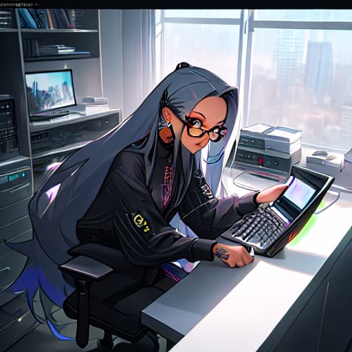  (A black girl with platinum long hair with edges, has tattoos and piercings, wears glasses with black frames on the computer as a cartoon character ), anime, highly detailed, 4k, high quality, trending on art station hyperrealistic, full body, detailed clothing, highly detailed, cinematic lighting, stunningly beautiful, intricate, sharp focus, f/1. 8, 85mm, (centered image composition), (professionally color graded), ((bright soft diffused light)), volumetric fog, trending on instagram, trending on tumblr, HDR 4K, 8K