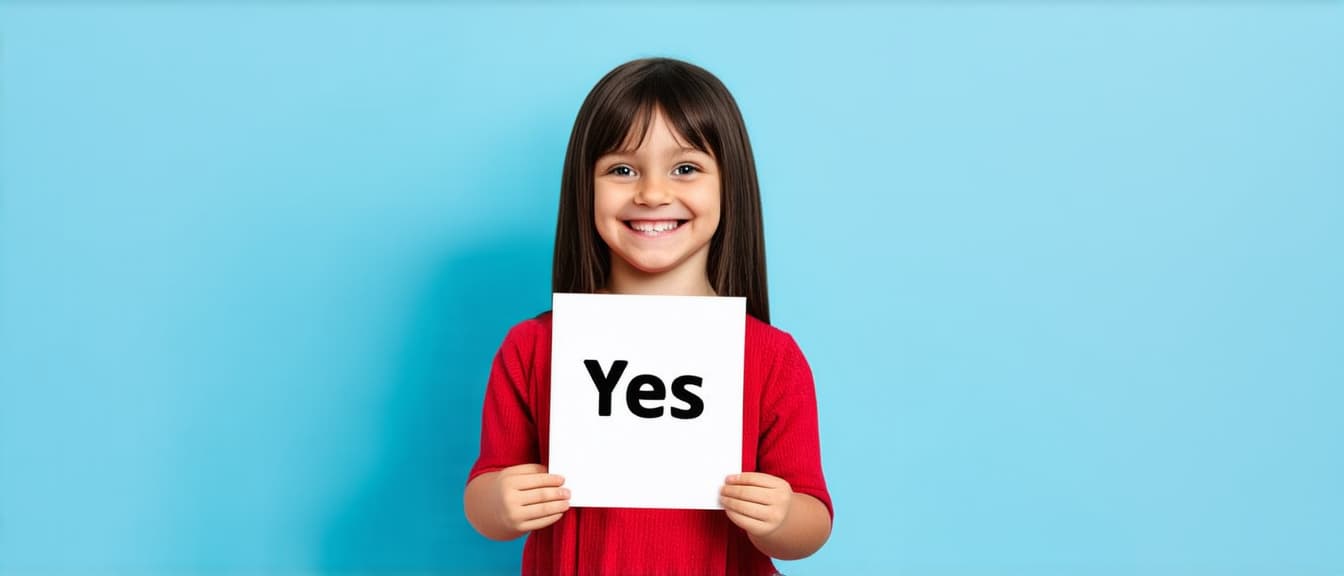  Yes concept image with a happy smiling young kid girl holding a sign with written word yes for agreement or agree answer