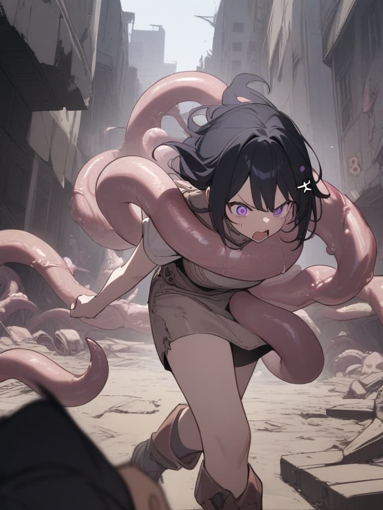  Tentacle Background,Manipulate the tentacles,((Tentacles coming out of the back,beige Tentacles,beige feeler,beige sharp tentacle))1.8,((Anger,screaming,hatred))1.2,murderous intent,mouths open,running,tattered clothes,rubble,collapsed buildings,cool girl,Black hair,(purple eyes),short,cropped hair,crescent moon hair ornament, masterpiece, best quality,8k,ultra detailed,high resolution,an extremely delicate and beautiful,hyper detail