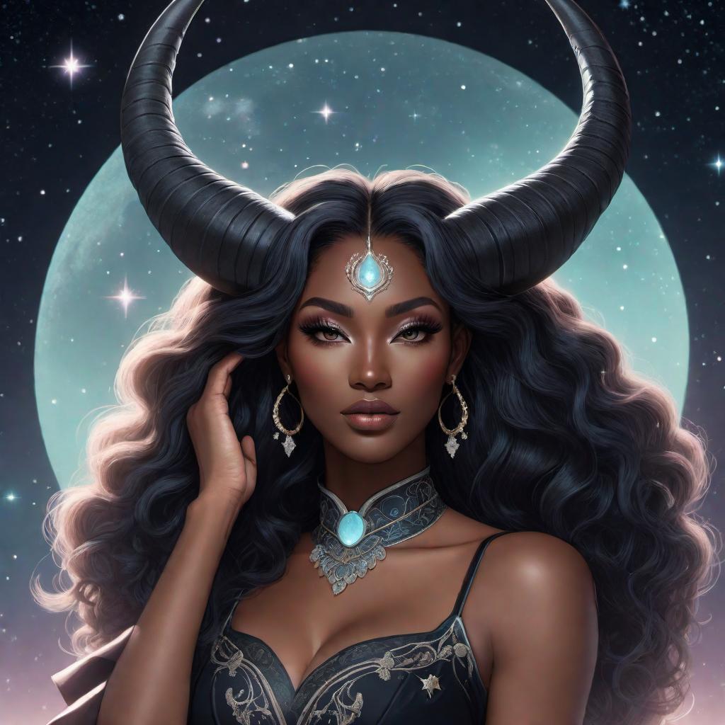  A black female Capricorn fantasy character with horns, illustrated in a lofi style. The character should have a serene, almost ethereal presence, with cosmic elements like stars and a crescent moon incorporated into the background. The color palette should include soft, muted tones with a dreamy, nostalgic aesthetic. The overall mood should be relaxing and calming, embodying the chill vibes typical of lofi art. hyperrealistic, full body, detailed clothing, highly detailed, cinematic lighting, stunningly beautiful, intricate, sharp focus, f/1. 8, 85mm, (centered image composition), (professionally color graded), ((bright soft diffused light)), volumetric fog, trending on instagram, trending on tumblr, HDR 4K, 8K