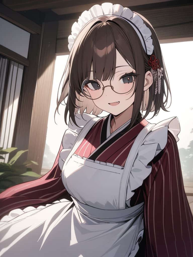  ultra detailed:1.2,masterpiece:1.2,best quality,masterpiece,bestquality,hdr:1.1,8k:1.1,very cute girl:1.3,(wine red color kimono,vertical striped kimono:1.3),(gles,small round eyewear:1.4),(dark brown hair:1.3),(black eye:1.4),(maid headdress:1.5),(white apron:1.4),upper body:1.3,face focus:1.4,old Japanese room:1.5,(open mouth,fang:1.1),(light smile:1.3),(short hair,forehead:1.2),hair pin:1.3,(highlights eyes:1.7), masterpiece, best quality,8k,ultra detailed,high resolution,an extremely delicate and beautiful,hyper detail