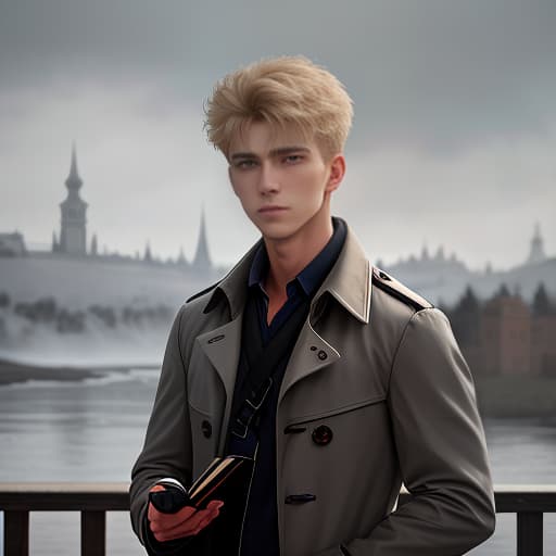  A boy, aged 16, of medium height, blond hair, and dark eyes. He has sharp facial features. He stands in front of Russian panel houses, holding a book in his hand. He is dressed in a gray trench coat and jeans. The painting should be in shades of gray and light tones. The boy should be depicted in full height, with the Russian panel houses in the background. hyperrealistic, full body, detailed clothing, highly detailed, cinematic lighting, stunningly beautiful, intricate, sharp focus, f/1. 8, 85mm, (centered image composition), (professionally color graded), ((bright soft diffused light)), volumetric fog, trending on instagram, trending on tumblr, HDR 4K, 8K