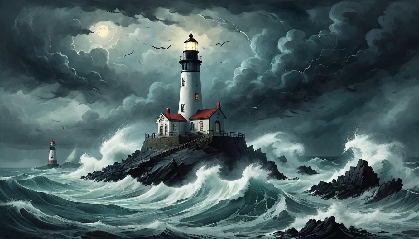  on parchment, surrealism+++, A turbulent storm tossed sea, dark waves crashing violently against blackened rocks, amidst the chaos an unyielding lighthouse stands, solitary beacon, resilient, unwavering(mysterious, provocative, symbolic,muted color)+++