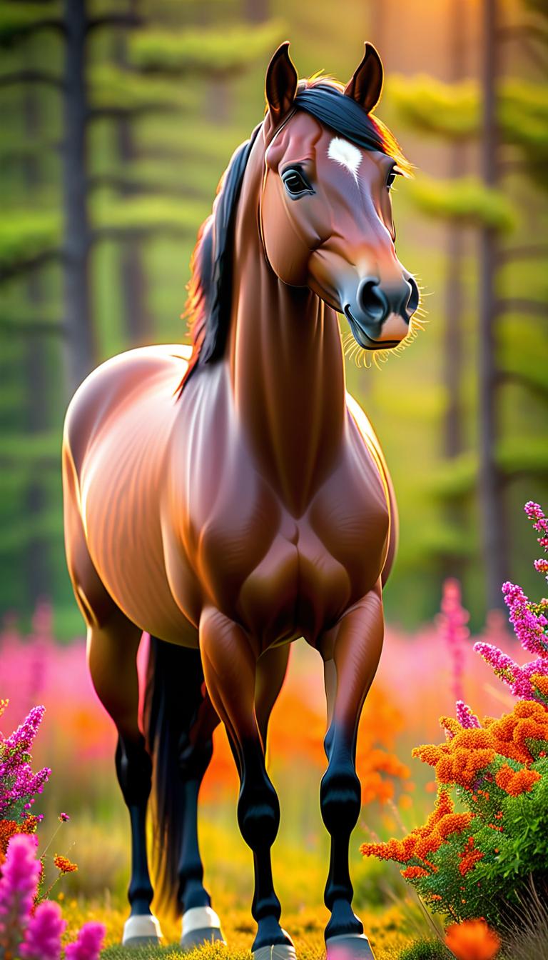  Professional 3D model of A stately, beautiful, brown horse stay in a clearing. The horse is surrounded by pink and orange flowers. . Rendered with Octane, the model is highly detailed,dramatic lighting. hyperrealistic, full body, detailed clothing, highly detailed, cinematic lighting, stunningly beautiful, intricate, sharp focus, f/1. 8, 85mm, (centered image composition), (professionally color graded), ((bright soft diffused light)), volumetric fog, trending on instagram, trending on tumblr, HDR 4K, 8K