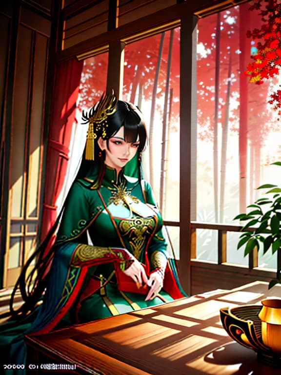  A two story, paneled house, like in Russia, red in color. In a bamboo grove, green in color., ultra realistic, concept art, intricate details, highly detailed, photorealistic, octane render, 8k, unreal engine, sharp focus, volumetric lighting unreal engine. art by artgerm and alphonse mucha hyperrealistic, full body, detailed clothing, highly detailed, cinematic lighting, stunningly beautiful, intricate, sharp focus, f/1. 8, 85mm, (centered image composition), (professionally color graded), ((bright soft diffused light)), volumetric fog, trending on instagram, trending on tumblr, HDR 4K, 8K