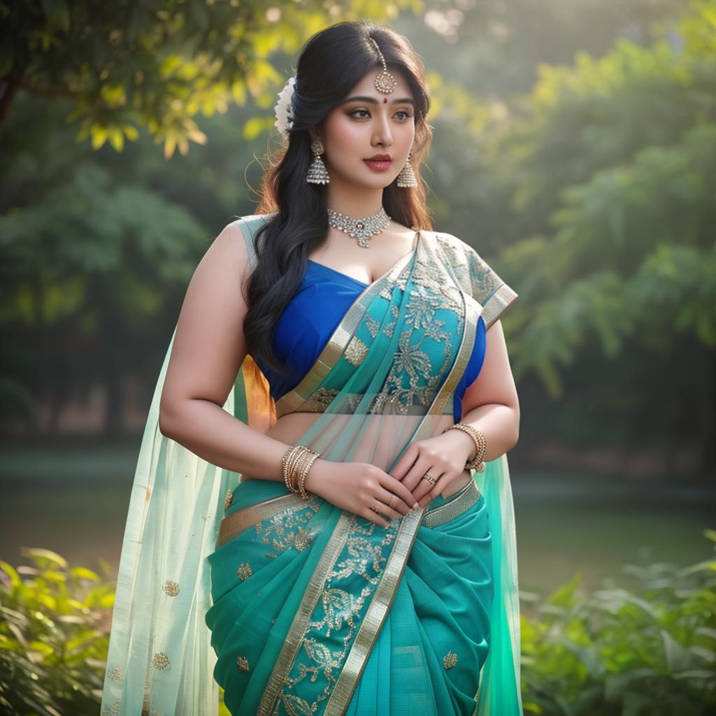  a Chubby indian women in blue saree, at greenery park, clean face details, portrait, hyperrealistic, full body, detailed clothing, highly detailed, cinematic lighting, stunningly beautiful, intricate, sharp focus, f/1. 8, 85mm, (centered image composition), (professionally color graded), ((bright soft diffused light)), volumetric fog, trending on instagram, trending on tumblr, HDR 4K, 8K