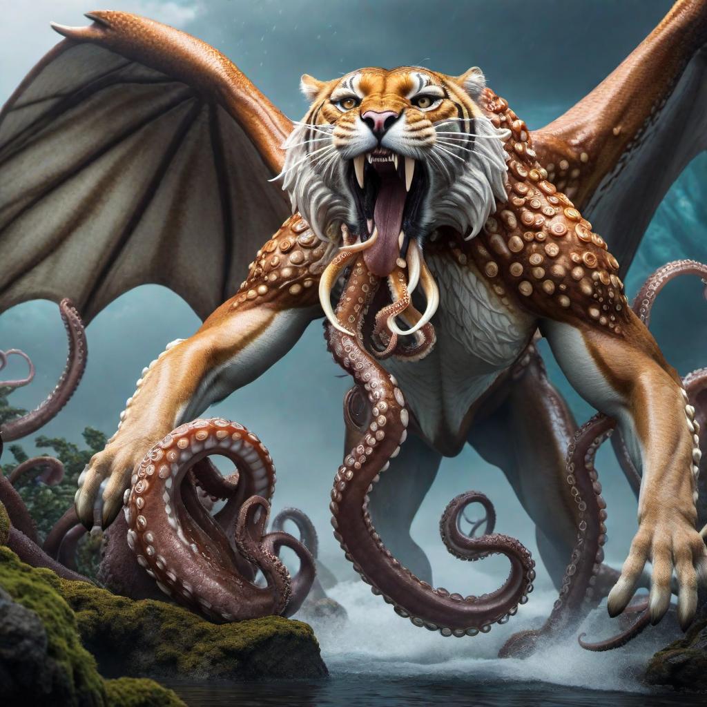  A Sabertooth tiger with wings fighting a Giant Octopus hyperrealistic, full body, detailed clothing, highly detailed, cinematic lighting, stunningly beautiful, intricate, sharp focus, f/1. 8, 85mm, (centered image composition), (professionally color graded), ((bright soft diffused light)), volumetric fog, trending on instagram, trending on tumblr, HDR 4K, 8K