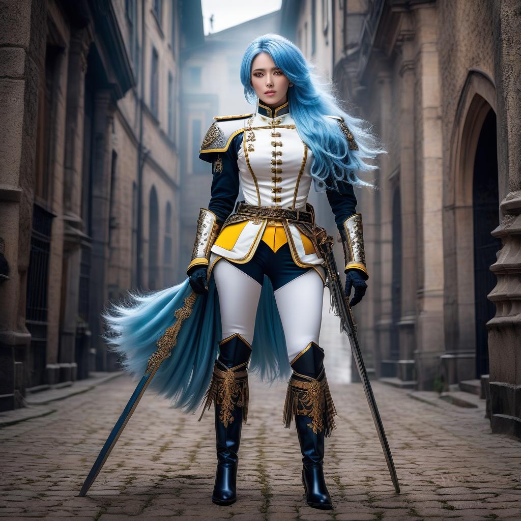  Girl, female cuirassier, shot from below, ((full body)), ((foot focus)), feet, blue hair, ((horse tail)), bright yellow eyes, glowing eyes, hourglass figure, fully clothed, military uniform, (19th century ceremonial uniform), (cuirass), white clothes, white cloak, ((white leggings )), riding pants, black boots, over the knee boots, thigh high boots, tight boots, belt, choker, awards, (posing), looking at viewer, (extremely hyper detailed face), (masterpiece : 1.4), (perfect eyes: 1.1), (perfect hands), 2D, anime, extremely detailed clothes. hyperrealistic, full body, detailed clothing, highly detailed, cinematic lighting, stunningly beautiful, intricate, sharp focus, f/1. 8, 85mm, (centered image composition), (professionally color graded), ((bright soft diffused light)), volumetric fog, trending on instagram, trending on tumblr, HDR 4K, 8K