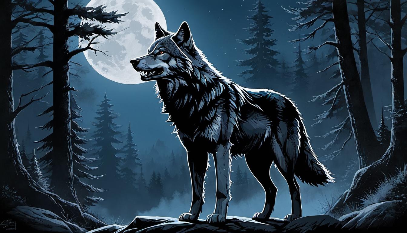  （surrealism)A wolf standing with hackles raised, teeth bared, eyes fierce, forest background with shadows cast by moonlight, defiance, warning, tension mystic, intricate details, best quality)