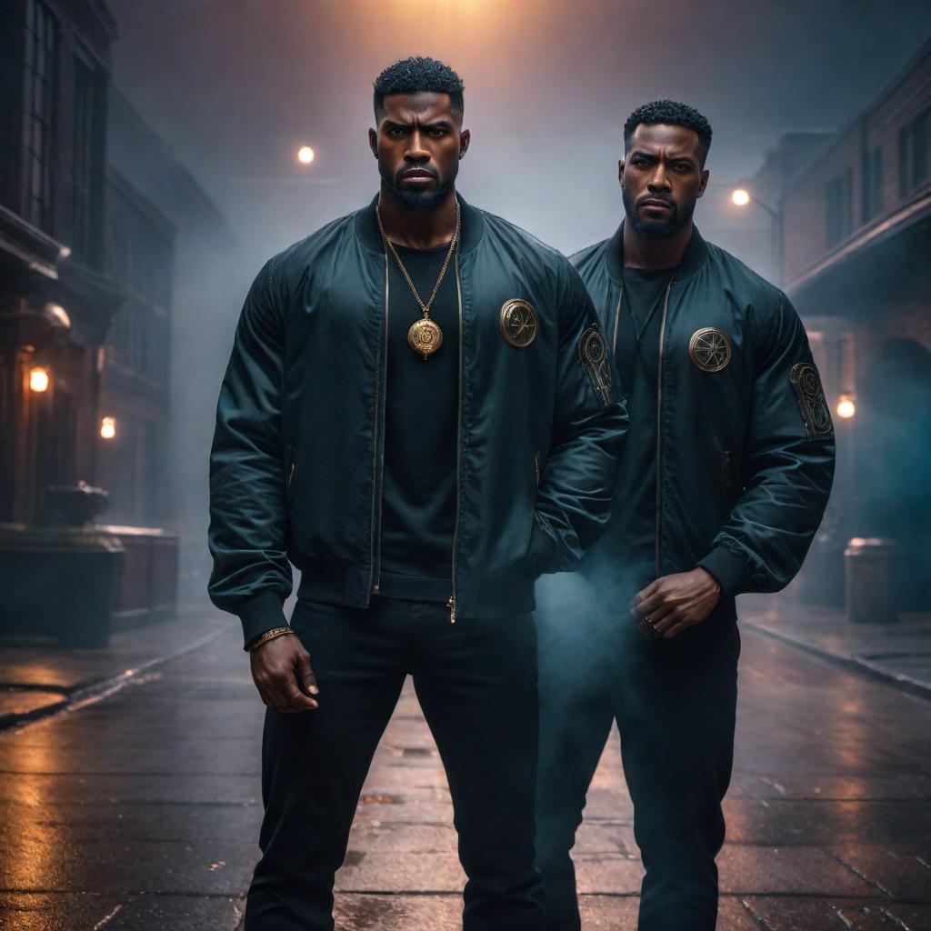  Angry black male twins in lofi fantasy style, Gemini zodiac, intense expressions, dark moody background, vibrant colors, celestial elements, intricate details. hyperrealistic, full body, detailed clothing, highly detailed, cinematic lighting, stunningly beautiful, intricate, sharp focus, f/1. 8, 85mm, (centered image composition), (professionally color graded), ((bright soft diffused light)), volumetric fog, trending on instagram, trending on tumblr, HDR 4K, 8K