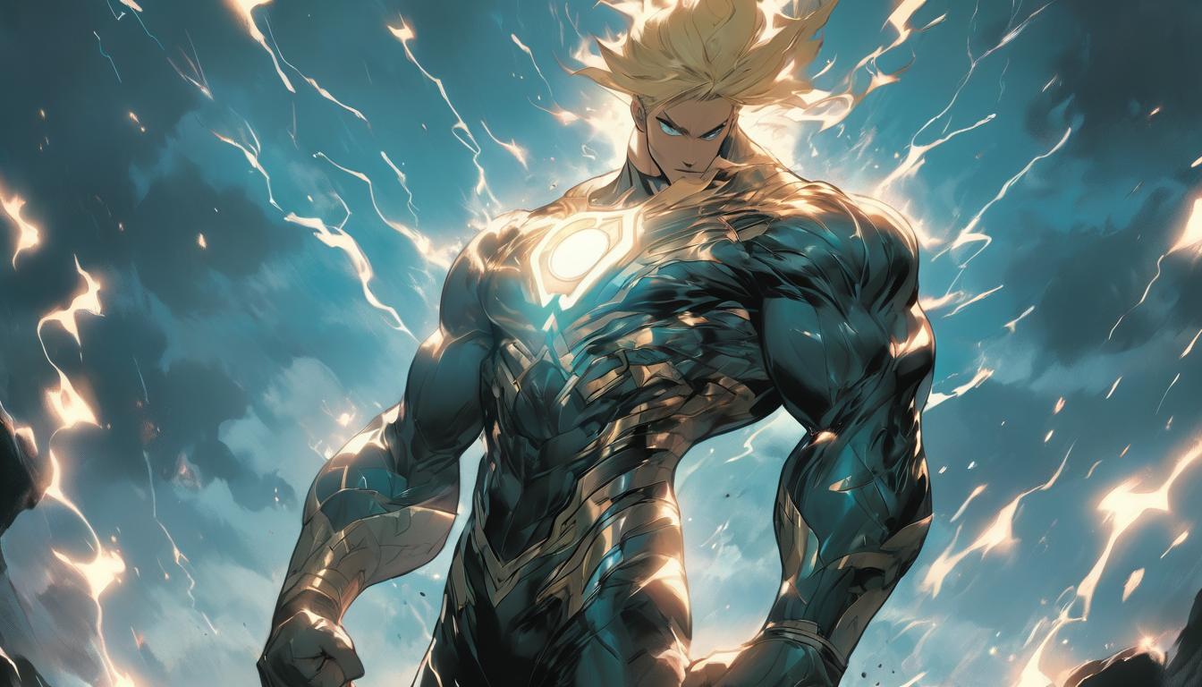  hyperrealism,fantasy aesthetic1man, attractive blonde arian male humanoid, standing strong, stormy weather, lighthouse beam from chest, symbol of self reliance, high tech clothing clad in sleek, futuristic costume with metallic accents and form fitting designs, marvel superhero comics style, unreal engine rendering