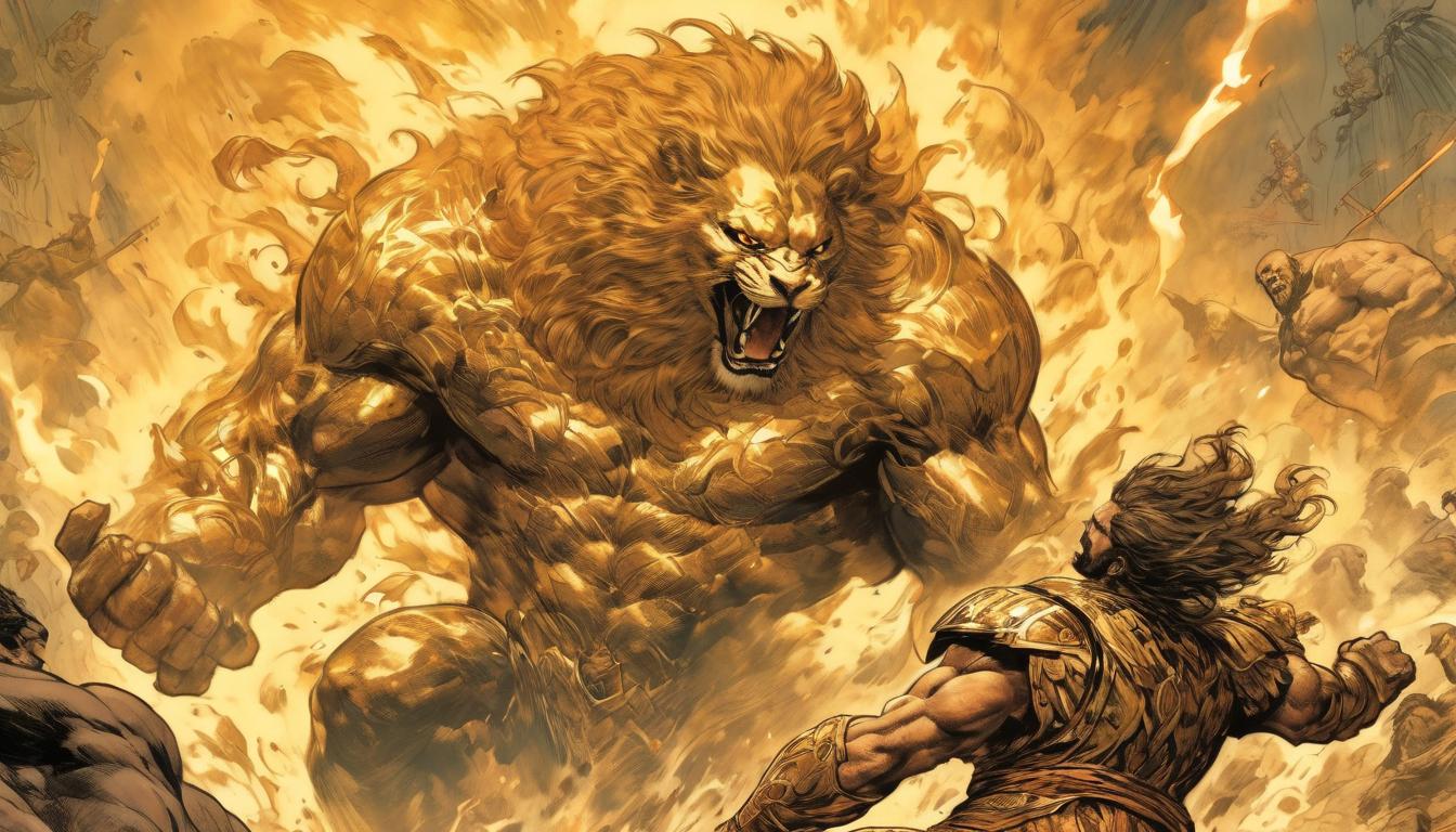  hyperrealism,fantasy aestheticHercules in combat with the Nemean Lion, intense and brutal struggle, golden fur of lion glinting, captured hind etched in scenes of wilderness, dramatic, powerful, high tech clothing clad in sleek, futuristic costume with metallic accents and form fitting designs, marvel superhero comics style, unreal engine rendering